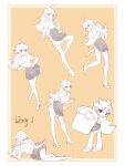  1girl ahoge apron back_ribbon bare_arms bare_legs border chinese_commentary closed_mouth collared_shirt commentary_request english_text frilled_apron frills greyscale_with_colored_background hand_on_own_hip happy high_heels highres holding jijibang leaning_forward leg_up light_blush long_hair looking_ahead looking_back lying messy_hair miniskirt multiple_views official_style on_side outside_border oversized_object panty_&amp;_stocking_with_garterbelt panty_(psg) pencil_skirt pointing pointing_at_self puffy_short_sleeves puffy_sleeves shirt short_sleeves skirt smile standing stiletto_heels swept_bangs toon_(style) very_long_hair waist_apron white_border yellow_background 