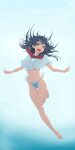  1girl :d absurdres air_bubble bikini bikini_bottom_only black_hair blue_bikini blue_eyes blue_sailor_collar breasts bubble commentary_request flower freediving full_body hair_flower hair_ornament highres long_hair looking_at_viewer medium_breasts musaki_(msaki666) navel neckerchief no_pants red_neckerchief sailor_collar sakugawa_school_uniform saten_ruiko school_uniform serafuku shirt side-tie_bikini_bottom smile solo swimsuit toaru_kagaku_no_railgun toaru_majutsu_no_index underwater white_shirt 