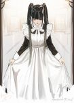  1girl alternate_costume apron black_dress black_hair blue_hair blush border character_name cursive curtsey diagonal_bangs dress english_text enmaided feet_out_of_frame half-closed_eyes harusaruhi highres indoors isshiki_(ffmania7) kamitsubaki_studio long_hair long_sleeves maid multicolored_hair neck_ribbon open_mouth ornate_border red_eyes ribbon signature sleeve_cuffs smile solo standing straight-on streaked_hair twintails virtual_youtuber white_apron white_hair white_ribbon 