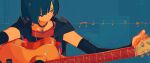  1girl amplifier black_choker black_hoodie blue_background blue_eyes blue_hair choker closed_mouth detached_sleeves diamond_earrings earbuds earphones earrings expressionless fagun_yibei guitar highres holding holding_guitar holding_instrument hood hood_down hoodie instrument jewelry kamitsubaki_studio looking_to_the_side multicolored_eyes musical_note pendant_choker red_eyes rim_(kamitsubaki_studio) short_hair sleeveless sleeveless_hoodie solo tuning_instrument upper_body virtual_youtuber 