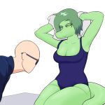 1:1 annoyed anthro bald baryonyx big_breasts big_daddy_(artist) biped blue_clothing blue_jacket blue_topwear breasts cavemanon_studios clothed clothed_anthro clothed_female clothed_human clothed_male clothing colored dinosaur drying drying_hair duo eyes_mostly_closed eyewear female freckled_arms freckled_breasts freckled_face freckled_legs freckled_thighs freckles glare green_body green_hair green_scales grey_eyes hair hands_behind_head hi_res human human_on_anthro i_wani_hug_that_gator inco_(iwhtg) interspecies jacket long_tail looking_at_belly male male/female mammal medium_hair narrowed_eyes navel non-mammal_breasts olivia_halford one-piece_swimsuit prehistoric_species purple_clothing purple_swimwear reptile scales scalie simple_background sitting spinosaurid stare sunglasses swimwear tail theropod topwear towel white_background yellow_sclera