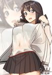  artist_name black_hair black_skirt blush breasts cowboy_shot dated from_below gym_shirt hayasui_(kantai_collection) jacket kantai_collection long_sleeves medium_breasts miniskirt navel pallad pleated_skirt see-through shirt short_hair silver_eyes simple_background skirt solo track_jacket white_background 