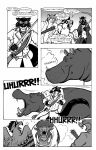 2011 angry anthro attack avian bat_(object) belt black_and_white black_body black_fur black_tail canid canine cheek_tuft claws clenched_teeth clothed clothed_feral clothing coat comic common_hippopotamus confrontation countershade_neck countershading dialogue duo english_text eyewear facial_tuft felid female feral fighting_pose fur gang gesture glasses group gryphon gulonine hair hand_gesture hesitant hesitation hi_res hippopotamid holding_melee_weapon holding_object holding_sword holding_weapon hybrid imminent_death inner_ear_fluff intimidation jack_salem long_tail looking_at_another male mammal marten melee_weapon monochrome motion_lines mustelid musteline mythological_avian mythological_creature mythology nailed_bat onomatopoeia open_mouth pince-nez pointing polearm pose prehistoric_species protecting roaring roz_gibson running running_towards_viewer rushing saber-toothed_tiger sable_(marten) scared scared_face scythe snort solo sound_effects speech_bubble standing steamy_breath surprise surprised_expression sword tail talking_to_another teeth text thought_bubble tongue topwear trenchcoat trio tuft tusks weapon whiskers