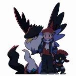  1boy black_eyes black_hair black_pants blue_jacket chibi commentary darkrai grin hands_on_own_hips hat honchkrow jacket lucas_(pokemon) male_focus open_clothes open_jacket pants pokemon pokemon_(creature) pokemon_dppt pokemon_platinum red_hat red_shirt scarf shirt shoes short_hair simple_background smile standing symbol-only_commentary teeth tyako_089 weavile white_background white_scarf 