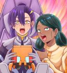  2girls bindi black_hair cockpit conch_(gundam) dark-skinned_female dark_skin double_bun green_eyes gundam gundam_gquuuuuux hair_bun holding lalah_sune long_hair long_sleeves looking_at_viewer mecha_pilot_suit miyabidai multiple_girls normal_suit_(gundam) nyaan_(gundam_gquuuuuux) open_mouth ponytail science_fiction shirt surprised sweatdrop yellow_eyes 