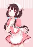  :o apron bangs blend_s blunt_bangs blush brown_hair commentary cowboy_shot dress gloves gloves_removed hair_ornament hand_on_own_chest head_scarf highres kurashi long_hair looking_at_viewer low_twintails pink_dress pink_eyes puffy_sleeves sakuranomiya_maika short_sleeves solo standing stile_uniform thighhighs twintails waitress white_legwear zettai_ryouiki 