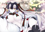  black_gloves black_legwear black_panties bow breasts christmas_tree cosplay elbow_gloves fate/grand_order fate_(series) fur_trim gloves green_ribbon headpiece jeanne_d'arc_(alter)_(fate) jeanne_d'arc_(fate)_(all) jeanne_d'arc_alter_santa_lily jeanne_d'arc_alter_santa_lily_(cosplay) large_breasts long_hair lying miko_92 older on_side pale_skin panties parted_lips ribbon solo striped striped_bow striped_ribbon thighhighs underwear white_skin yellow_eyes 