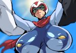  1girl 2boys blue_bodysuit blush bodysuit breasts closed_mouth genderswap genderswap_(mtf) getter_robo helmet highres huge_breasts jin_hayato kuruma_benkei mecha_pilot_suit multiple_boys nagare_ryoma red_scarf scarf short_hair thirty_8ght 