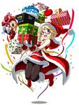  blonde_hair character_doll christmas commentary confetti dress enta_girl falcoon fatal_fury fur_trim gift highres jumping mascot neo_geo official_art red-framed_eyewear red_dress santa_costume semi-rimless_eyewear short_hair simple_background smile snk solo terry_bogard white_background 