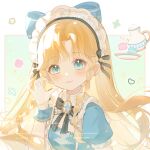  1girl :3 absurdres alice&#039;s_adventures_in_wonderland alice_(alice_in_wonderland) argyle_bow argyle_bowtie argyle_clothes black_bow black_bowtie blonde_hair blue_bow blue_dress blue_eyes blue_wrist_cuffs border bow bowtie braid breezy_tea_time_(infinity_nikki) brooch closed_mouth collar commission detached_collar dot_nose dress eyelashes food gloves green_background hair_bow half-heart_hands happy heart highres infinity_nikki jewelry jijibang light_blush light_particles lipstick long_hair macaron maid_headdress makeup multiple_hair_bows nikki_(series) official_alternate_color outside_border palms parted_bangs petals pink_lips plate puffy_short_sleeves puffy_sleeves sample_watermark short_sleeves side_braids smile solo spade_(shape) sparkle square_neckline tareme teapot twin_braids two-tone_bow two-tone_bowtie upper_body very_long_hair watermark white_border white_bow white_bowtie white_collar white_gloves wrist_cuffs 