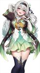  1girl :d arm_behind_head black_hairband black_ribbon black_thighhighs blue_pupils blush breasts bridal_gauntlets commentary_request firefly_(honkai:_star_rail) green_pupils grey_hair hair_between_eyes hair_ribbon hairband hand_on_own_chest honkai:_star_rail honkai_(series) lambda_(kusowarota) large_breasts long_hair long_sleeves looking_at_viewer multicolored_eyes neckerchief open_mouth orange_neckerchief ribbon shirt single_bridal_gauntlet smile solo standing thighhighs thighs two-tone_eyes white_background white_shirt 