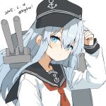  1girl absurdres anchor_symbol bigkwl black_hat black_sailor_collar blue_eyes blue_hair cannon dated flat_cap hat hibiki_(kancolle) highres kantai_collection long_hair machinery neckerchief one-hour_drawing_challenge red_neckerchief sailor_collar sailor_shirt shirt solo twitter_username upper_body white_shirt 
