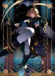  1girl ahoge ammunition aqua_shirt bandolier belt black_background black_boots black_gloves black_jacket blonde_hair blue_background boots brown_belt doki_amber_doge_(dokibird) dokibird_(vtuber) dokibird_(vtuber)_(bounty_hunter) dual_wielding eyewear_hang feather_hair feet_out_of_frame glint gloves gun hair_between_eyes hair_ornament handgun holding holding_gun holding_weapon holster indie_virtual_youtuber jacket lukyyuki magic one_eye_closed open_clothes open_jacket pants pants_tucked_in red_eyes revolver rifle_cartridge shirt short_hair smile solo sunglasses tinted_eyewear unworn_eyewear virtual_youtuber weapon white_pants x_hair_ornament yellow-tinted_eyewear 