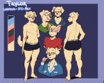 anthro bird_dog blue_eyes bodily_fluids bottomwear bulge butt canid canine canis clothed clothing digital_media_(artwork) domestic_dog english_text eyewear fur glasses hi_res hunting_dog inu-sama labrador looking_at_viewer looking_back male mammal model_sheet open_mouth retriever shirt simple_background smile solo startled surprise sweat sweatdrop tail teeth text tongue topwear underwear