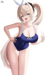  1girl :d absurdres armpit_crease ass_visible_through_thighs bare_arms bare_shoulders bent_over blonde_hair blue_eyes blue_one-piece_swimsuit blush bow bow_hairband bracelet breasts collarbone covered_navel cowboy_shot dot_nose downblouse fang fingernails girls&#039;_frontline girls&#039;_frontline_2:_exilium green_hair green_streaks groin hair_between_eyes hair_ornament hair_ribbon hairband hand_on_own_hip hand_up highres hip_focus jewelry large_breasts leaning_forward light_blush long_hair looking_at_viewer multicolored_hair one-piece_swimsuit open_mouth ribbon sharkry_(girls&#039;_frontline_2) sharkry_(swimsuit_idol)_(girls&#039;_frontline_2) shiny_skin short_hair side_ponytail signature simple_background skin_fang skin_tight smile solo standing star-shaped_pupils star_(symbol) star_hair_ornament streaked_hair swimsuit symbol-shaped_pupils thigh_gap thighs twootax v very_long_hair very_short_hair white_background white_bow white_hairband white_ribbon 