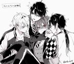  4boys ace_trappola anger_vein arms_around_neck blush buttons checkered_clothes closed_mouth collarbone collared_jacket collared_shirt commentary_request crew_neck deuce_spade diagonal-striped_clothes diagonal-striped_necktie double-parted_bangs facial_mark feet_out_of_frame gloves greyscale hair_between_eyes heart highres holding_hands jacket kiss kissing_hand long_hair long_sleeves male_focus mofu_twst monochrome multiple_boys multiple_persona necktie night_raven_college_uniform open_clothes open_jacket pants parted_lips ponytail popped_collar school_uniform shirt short_hair smile spade_(shape) sparkle speech_bubble spoken_heart spot_color striped_clothes striped_pants twisted_wonderland vertical-striped_clothes vertical-striped_pants vest white_background wing_collar yaoi 