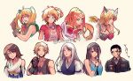  2boys 6+girls aqua_eyes black_eyes black_hair blonde_hair blue_eyes blush braid breasts brown_gloves brown_hair character_request chrono_cross closed_mouth commentary_request company_connection cropped_torso crossover dress eating facial_mark father_and_daughter final_fantasy final_fantasy_viii final_fantasy_x final_fantasy_xii final_fantasy_xvi fingerless_gloves food food_on_face fruit gloves green_eyes grey_hair hand_on_own_chest heterochromia holding holding_food holding_fruit jill_warrick kid_(chrono_cross) lips medium_breasts miki_(chrono_cross) minato_(ct_777) multiple_boys multiple_girls orange_hair orlha_(chrono_cross) pink_lips ponytail purple_eyes riesz rinoa_heartilly seiken_densetsu seiken_densetsu_3 short_hair simple_background sleeveless sleeveless_dress square_enix sweat translation_request twintails twitter_username vaan_(ff12) white_background yuna_(ff10) 