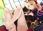  barefoot birdcage blonde_hair cage cape commentary_request earrings ereshkigal_(fate/grand_order) fate/grand_order fate_(series) feet highres jewelry legs long_hair misako12003 red_eyes skull soles solo sweat window 