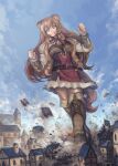  1girl adapted_costume animal_ear_fluff animal_ears arm_guards armor belt black_dress blue_sky boots breastplate brown_belt brown_boots brown_hair clenched_hands closed_mouth cloud cloudy_sky commentary commission dress dutch_angle english_commentary eyelashes full_body giant giantess hands_up knee_boots layered_dress leather_armor long_hair looking_at_viewer looking_down metal_hair_tubes neck_ribbon raccoon_ears raccoon_girl raccoon_tail raphtalia red_dress red_eyes red_ribbon ribbon short_hair sky smile solo striped_clothes striped_dress tail tate_no_yuusha_no_nariagari trample two-tone_dress vertical-striped_clothes vertical-striped_dress white_dress yilx zettai_ryouiki 