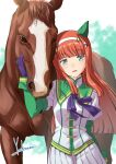  1girl absurdres animal_ears artist_name birthday black_eyes breasts commentary cowboy_shot creature_and_personification ear_covers gloves green_eyes green_jacket hair_ornament hairband hand_up head_tilt highres hime_cut horse horse_ears horse_girl horse_tail jacket juliet_sleeves long_hair long_sidelocks long_sleeves looking_at_viewer medium_breasts multicolored_jacket open_mouth orange_hair outdoors personification pleated_skirt puffy_sleeves purple_gloves real_life sidelocks signature silence_suzuka_(racehorse) silence_suzuka_(umamusume) skirt smile standing star_(symbol) star_hair_ornament tail two-tone_jacket umamusume white_hairband white_jacket white_skirt yoshinaga_masahiro 