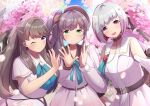  3girls 4th_live_dream_~bloom_the_dream_believers~ :d ;3 bare_shoulders blush bob_cut brown_hair cherry_blossoms closed_mouth clothing_cutout collarbone colored_inner_hair commentary_request dream_believers dress falling_petals flower flower_hands flower_hands_trio flower_stand_art fujishima_megumi green_eyes hair_bun hair_flower hair_ornament highres inverted_bob kaudon link!_like!_love_live! long_hair long_sleeves looking_at_viewer love_live! multicolored_hair multiple_girls official_alternate_costume one_eye_closed open_mouth otomune_kozue outdoors petals pink_dress pink_eyes pink_petals purple_eyes purple_hair red_flower red_hair short_hair short_sleeves shoulder_cutout side_ponytail sidelocks single_side_bun smile split_mouth star_(symbol) star_hair_ornament streaked_hair tassel tassel_hair_ornament tree two_side_up virtual_youtuber white_hair yugiri_tsuzuri 