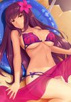  arm_at_side bare_arms bare_shoulders bikini breasts closed_mouth collarbone day eyebrows_visible_through_hair fate/grand_order fate_(series) flower from_above head_tilt hibiscus inflatable_toy knee_up large_breasts long_hair looking_at_viewer lying navel on_back pink_bikini purple_bikini purple_hair purple_sarong red_eyes sarong sawada_yuusuke scathach_(fate)_(all) scathach_(swimsuit_assassin)_(fate) see-through skindentation smile solo stomach sunlight swimsuit thighs underboob 