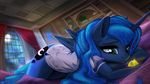  2017 anthro anthrofied bed bedroom bell blurred_background camisole clothing cosmic_hair curtains cutie_mark equine eyebrows eyelashes feathered_wings feathers female fidzfox friendship_is_magic hi_res horn inside lying makeup mammal mascara moon my_little_pony night night_sky princess_luna_(mlp) sad shirt solo teal_eyes window winged_unicorn wings 