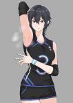 1girl absurdres arm_up armpits bandaged_fingers bandages black_hair black_shirt black_shorts blush breasts brown_eyes closed_mouth collarbone commentary cowboy_shot double-parted_bangs elbow_pads fuku_(fuku12290574) grey_background hair_between_eyes highres kiryu_nanami looking_at_viewer medium_breasts medium_hair original presenting_armpit shirt shorts simple_background sleeveless sleeveless_shirt solo sportswear standing steaming_body sweat sweatband v-shaped_eyebrows volleyball_uniform 