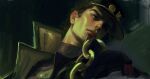  1boy absurdres black_coat black_hair black_hat chain closed_mouth coat commentary earrings gakuran hat high_collar highres jewelry jojo_no_kimyou_na_bouken kepi kujo_jotaro lips looking_to_the_side male_focus military_hat open_clothes open_coat painterly portrait realistic school_uniform signature solo stardust_crusaders stud_earrings whitehogiii 
