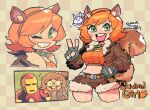  1boy 1girl absurdres acorn animal_ears arc_reactor armor avengers_(series) breasts brown_hair brown_jacket brown_tail buck_teeth crop_top fluffy_tail freckles freckles_on_breasts gloves green_eyes highres iron_man iron_man_(series) jacket large_breasts large_tail looking_at_viewer marvel marvel_rivals navel orange_hair power_armor rariatto_(ganguri) short_hair shorts squirrel squirrel_ears squirrel_girl squirrel_girl_(marvel) squirrel_tail superhero_costume tail teeth thigh_freckles thighs tippy-toe 