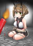  arms_behind_back bangs bare_shoulders black_skirt blush breasts brown_hair candle chain chained chibi collar green_eyes headgear indoors kantai_collection kneehighs large_breasts metal_belt miniskirt mutsu_(kantai_collection) navel ouno_(nounai_disintegration) pleated_skirt red_legwear short_hair sitting skirt solo stone_floor striped striped_legwear sweat worried yokozuwari 