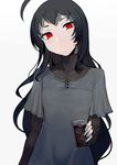  ahoge bangs black_hair closed_mouth cup dress drinking_glass fingernails grey_background grey_dress head_tilt highres isolated_island_oni kantai_collection long_hair long_sleeves looking_at_viewer red_eyes shinkaisei-kan short_over_long_sleeves short_sleeves simple_background solo standing turtleneck upper_body very_long_hair walzrj 