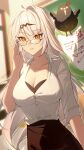  1girl adjusting_eyewear ahoge anger_vein artist_name bespectacled black-framed_eyewear black_skirt blurry blurry_background breasts chalkboard chinese_commentary classroom cleavage collarbone collared_shirt commentary_request cowboy_shot glasses grey_hair hair_ornament highres indoors large_breasts long_hair looking_at_viewer orange_eyes parted_lips revision shirt signature skirt so_zei_tama_tama solo teacher white_shirt yixuan_(zenless_zone_zero) zenless_zone_zero 