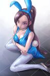  1girl absurdres animal_ear_hairband animal_ears arms_under_breasts asymmetrical_bangs black_shoes blue_hairband blue_leotard blue_pantyhose bracelet breasts choker cleavage collarbone commentary_request crossed_arms dragon_quest dragon_quest_xi fake_animal_ears fake_tail fishnet_pantyhose fishnets from_above hairband heart heart_choker high_heels high_ponytail highres jewelry leotard looking_at_viewer looking_up martina_(dq11) medium_breasts official_alternate_costume on_floor pantyhose pekuchin_(pekuchin_3) ponytail purple_eyes purple_hair rabbit_ears rabbit_tail shoes sitting solo tail tailcoat tailcoat_playboy_bunny tile_floor tiles wariza 