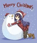  black_legwear blue_hair brown_eyes christmas coat commentary_request eyebrows_visible_through_hair fairy_tail full_body gloves hair_down hat hug kneehighs long_hair long_sleeves looking_at_viewer mashima_hiro merry_christmas pantyhose pleated_skirt plue skirt smile snow solo text_focus wendy_marvell 
