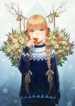  absurdres animal_ears arm_at_side bad_id bad_pixiv_id bangs berry blonde_hair blue_eyes blue_sweater braid commentary eyebrows_visible_through_hair face fake_animal_ears fake_antlers flower flower_request hair_ornament hair_over_shoulder hand_to_own_mouth hand_up highres holding_holly holly_hair_ornament horn_ribbon horns lips long_hair long_sleeves looking_at_viewer nose original parted_lips pinecone plant ribbon romiy snowflakes solo sweater tareme triangle twin_braids upper_body 