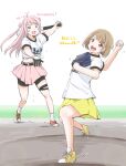  2girls :d ahoge ball baseball baseball_(object) baseball_bat baseball_mitt baseball_uniform belt black_belt black_gloves black_shorts blue_eyes blush bob_cut brown_hair full_body gloves hand_up hands_up highres holding holding_ball holding_baseball_bat long_hair looking_at_viewer love_live! love_live!_nijigasaki_high_school_idol_club maruyo metal_baseball_bat midriff mole mole_under_eye multiple_girls nakasu_kasumi no_socks open_hand open_mouth orange_shoes orix_buffaloes pink_hair pink_skirt pitching pitching_mound playing_sports pleated_skirt red_eyes shirt shoes short_hair short_sleeves shorts sidelocks skirt smile sneakers socks sportswear swinging_baseball_bat teeth thigh_strap tied_shirt two_side_up upper_teeth_only v-shaped_eyebrows white_background white_shirt white_socks yellow_shoes yellow_skirt zhong_lanzhu 