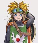  1boy arm_behind_head belt black_bodysuit blue_eyes bodysuit brown_belt cape commentary_request dragon_quest dragon_quest_ii flying_sweatdrops gloves goggles goggles_on_headwear green_gloves green_tabard highres looking_to_the_side male_focus nervous_smile orange_cape orange_hair pekuchin_(pekuchin_3) prince prince_of_samantoria roto&#039;s_emblem shield shield_on_back short_hair smile solo spiked_hair tabard upper_body white_background 