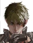  1boy axis_powers_hetalia blonde_hair gloves green_eyes horsemynewhorse looking_at_viewer male_focus multicolored_hair open_mouth portrait red_hair short_hair simple_background solo streaked_hair thick_eyebrows united_kingdom_(hetalia) white_background 