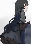  ahoge ass bangs black_hair black_legwear cowboy_shot dress from_behind grey_background grey_dress head_tilt isolated_island_oni kantai_collection long_hair long_sleeves looking_at_viewer looking_back pantyhose parted_lips red_eyes shinkaisei-kan short_over_long_sleeves short_sleeves solo very_long_hair walzrj 