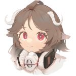  animal_ears arknights brown_hair closed_mouth cropped_head daku_k eyjafjalla_(arknights) highres horns long_hair looking_at_viewer mask mask_around_neck portrait red_eyes sheep_ears sheep_girl sheep_horns smile white_background white_horns 