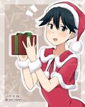  alternate_costume alternate_hairstyle blue_eyes blue_hair blurry blurry_background blush box capelet collarbone commentary_request dated gift gift_box hat holding holding_gift houshou_(kantai_collection) ikari_manatsu kantai_collection looking_at_viewer santa_costume santa_hat smile sparkle twitter_username wrist_cuffs 