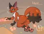 anthro anus black_body black_fur black_nose blush bodily_fluids box butt canid canine container female food fox fruit fur generation_8_pokemon genitals leaf lisyrnik mammal nickit nintendo pawpads paws peach_(fruit) plant pokemon pokemon_(species) red_body red_fur shaking solo stealing sweat thief vulva white_body white_fur yellow_eyes
