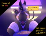 anthro bandage bandaged_leg belt big_butt breasts butt clothed clothing dialogue domestic_cat eating eating_food english_text eyeshadow felid feline felis female food hair hair_over_eye hi_res in_heat_(game) looking_at_viewer makeup mammal nile_(in_heat) photolol.03 pizza poster purple_hair solo text thick_thighs thong underwear wide_hips yellow_eyes