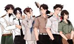  1girl 5boys absurdres ahoge axis_powers_hetalia belt beret black_hair border brown_eyes brown_hair ca_lamari collared_shirt cowboy_shot glasses gloves hair_ribbon hat highres holding holding_phone indonesia_(hetalia) jacket lineup long_sleeves looking_at_viewer malaysia_(hetalia) multicolored_hair multiple_boys neckerchief open_mouth pants philippines_(hetalia) phone ponytail purple_eyes ribbon sailor_collar selfie shirt short_hair short_sleeves simple_background singapore_(hetalia) smile streaked_hair thailand_(hetalia) two-tone_hair v vietnam_(hetalia) white_background white_border white_hair 