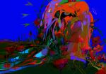  1girl 1other abstract arrow_(projectile) athgil blue_background body_horror colorful extra_eyes fern fine_art_parody flower foliage grass halo hand_on_another&#039;s_hand kiss kissing_cheek long_hair multicolored_eyes original painterly parody red_flower ringed_eyes short_hair surreal 