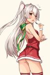  alternate_costume amatsukaze_(kantai_collection) ass bangs bare_arms bare_shoulders beige_background belt cake dress flying_sweatdrops food food_on_face fruit green_ribbon hand_up highres holding kantai_collection long_hair looking_at_viewer open_mouth panties red_dress red_legwear red_panties ribbon santa_costume saucer short_dress silver_hair solo strawberry strawberry_shortcake takanashi_kei_(hitsujikan) thighhighs thong two_side_up underwear very_long_hair yellow_eyes 