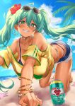  1girl all_fours aqua_hair bikini black_bikini bracelet brazil brazilian_flag brazilian_flag_print brazilian_miku breasts dark-skinned_female dark_skin earrings exposed_pocket eyewear_on_head flag_print flower hair_flower hair_ornament hatsune_miku highres inue_ao jewelry long_hair multiple_bracelets rectangular_earrings shirt shorts shorts_tan smile solo sunglasses swimsuit tan tanline_peek tanlines twintails vocaloid white-framed_eyewear yellow_shirt 