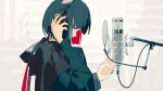  1girl alternate_hair_color black_eyes black_hair black_hoodie blue_nails bright_pupils colored_inner_hair fagun_yibei from_side hand_on_headphones hand_up headphones highres hood hood_down hoodie kamitsubaki_studio long_hair long_sleeves looking_at_viewer looking_to_the_side low_twintails microphone multicolored_eyes multicolored_hair ok_sign open_mouth profile red_eyes red_hair rim_(kamitsubaki_studio) solo studio_microphone twintails upper_body virtual_youtuber white_background white_pupils 