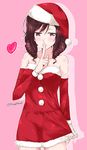  alternate_costume arm_warmers bare_shoulders breasts brown_eyes brown_hair commentary_request dress finger_to_mouth harukaze_(kantai_collection) hat heart kantai_collection looking_at_viewer medium_breasts mikage_takashi red_dress santa_costume santa_hat smile solo twitter_username 
